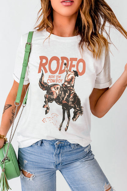 White RODEO Cowboy Graphic Crewneck T Shirt