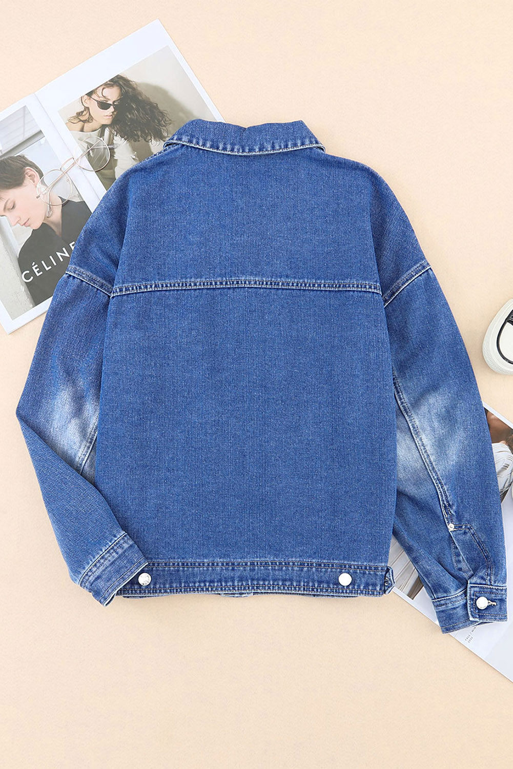 Blue Chest Pockets Drop Shoulder Loose Denim Jacket