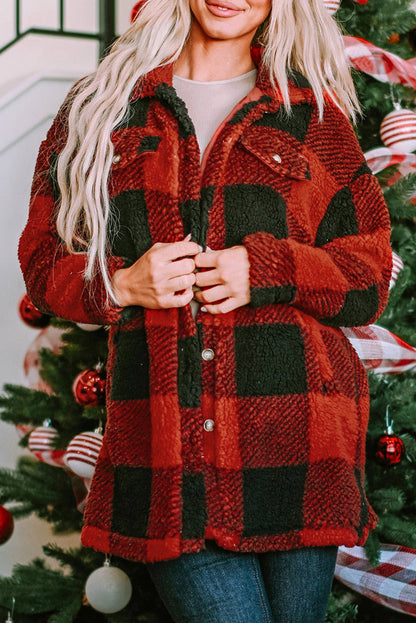 Brown Fuzzy Plaid Flap Button Up Midi Coat