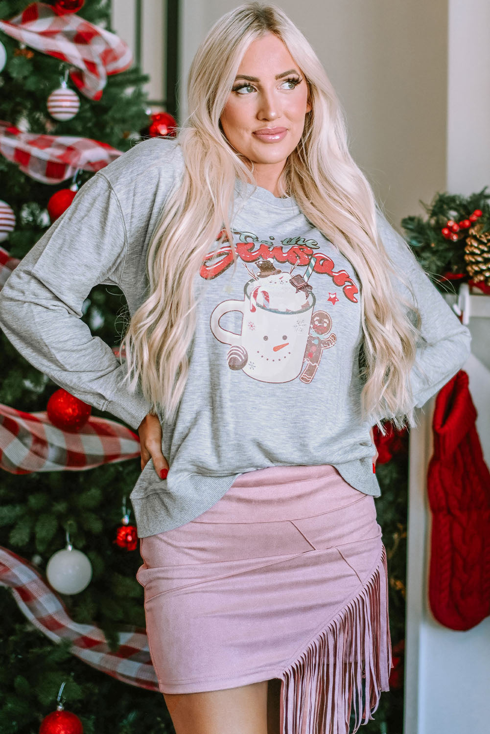 Gray Tis The Season Graphic Christmas Fashion Sweatshirt