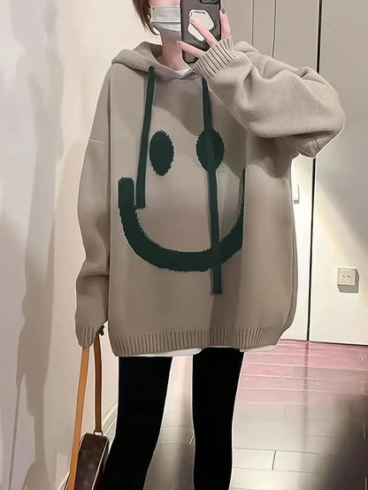 Happy Face Graphic Drawstring Hoodie, Relaxed Fit Long Sleeve Drop Shoulder Top, Women's Fashion