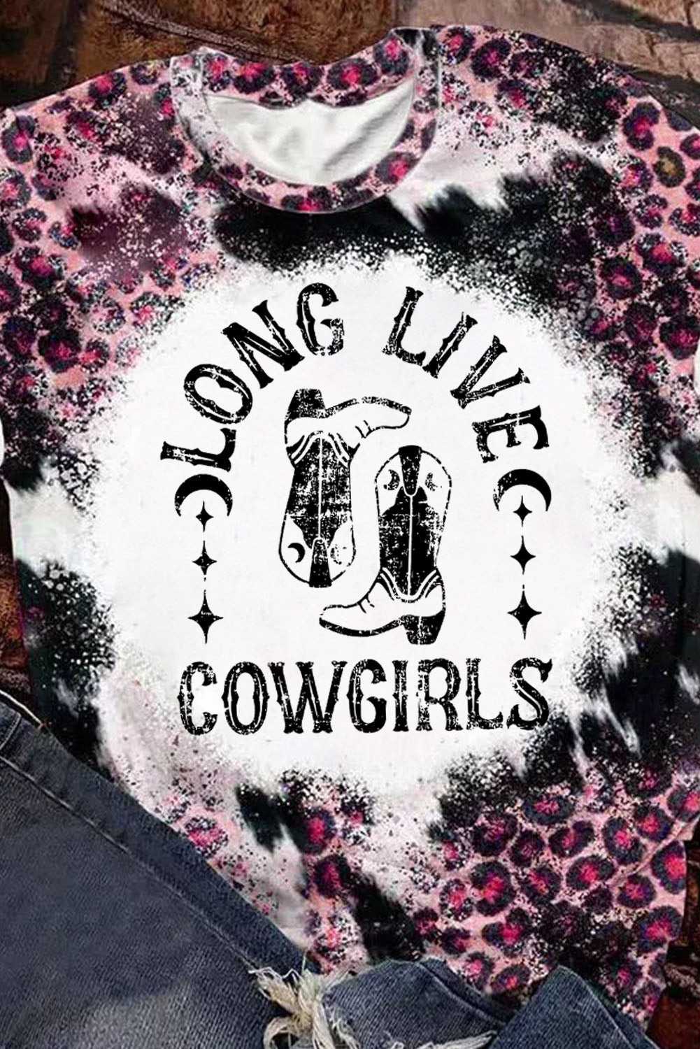 Pink Cowgirls Boots Leopard Bleached Crew Neck T Shirt