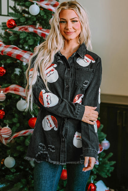 Black Sequined Santa Claus Graphic Frayed Denim Jacket