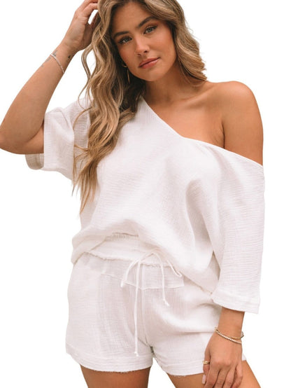 Easy Breezy White 2-Piece V Neck Top and Frayed Shorts Set