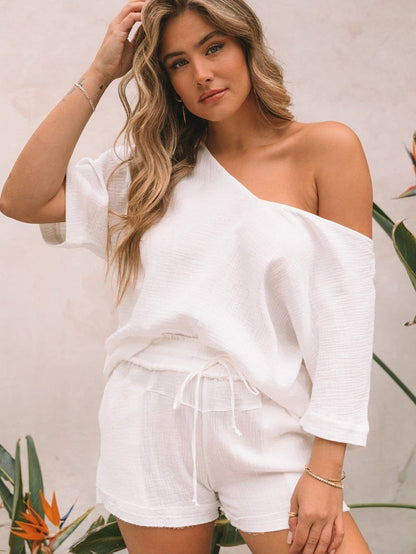 Easy Breezy White 2-Piece V Neck Top and Frayed Shorts Set