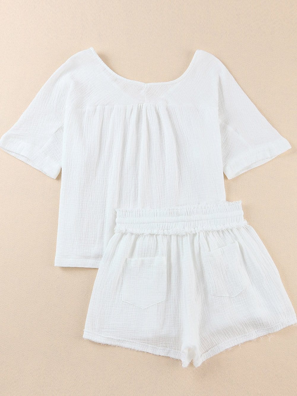 Easy Breezy White 2-Piece V Neck Top and Frayed Shorts Set