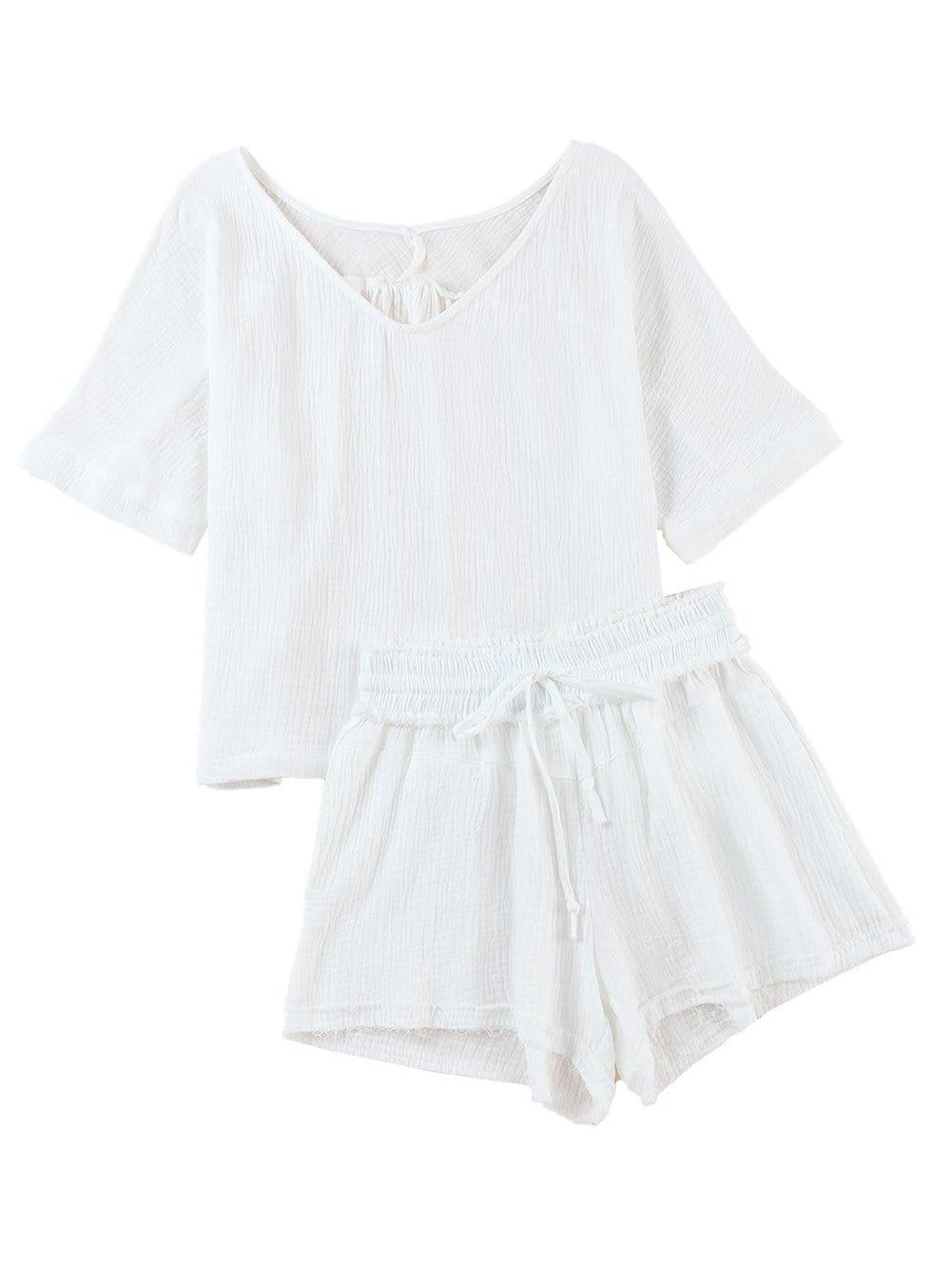 Easy Breezy White 2-Piece V Neck Top and Frayed Shorts Set