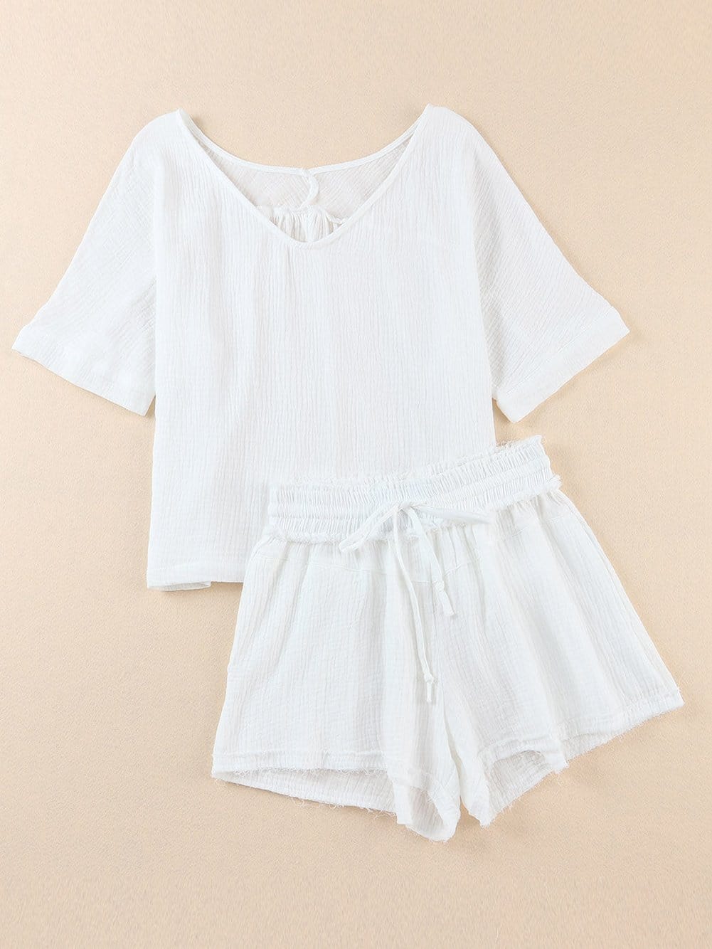 Easy Breezy White 2-Piece V Neck Top and Frayed Shorts Set