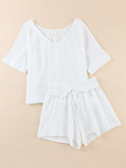 Easy Breezy White 2-Piece V Neck Top and Frayed Shorts Set