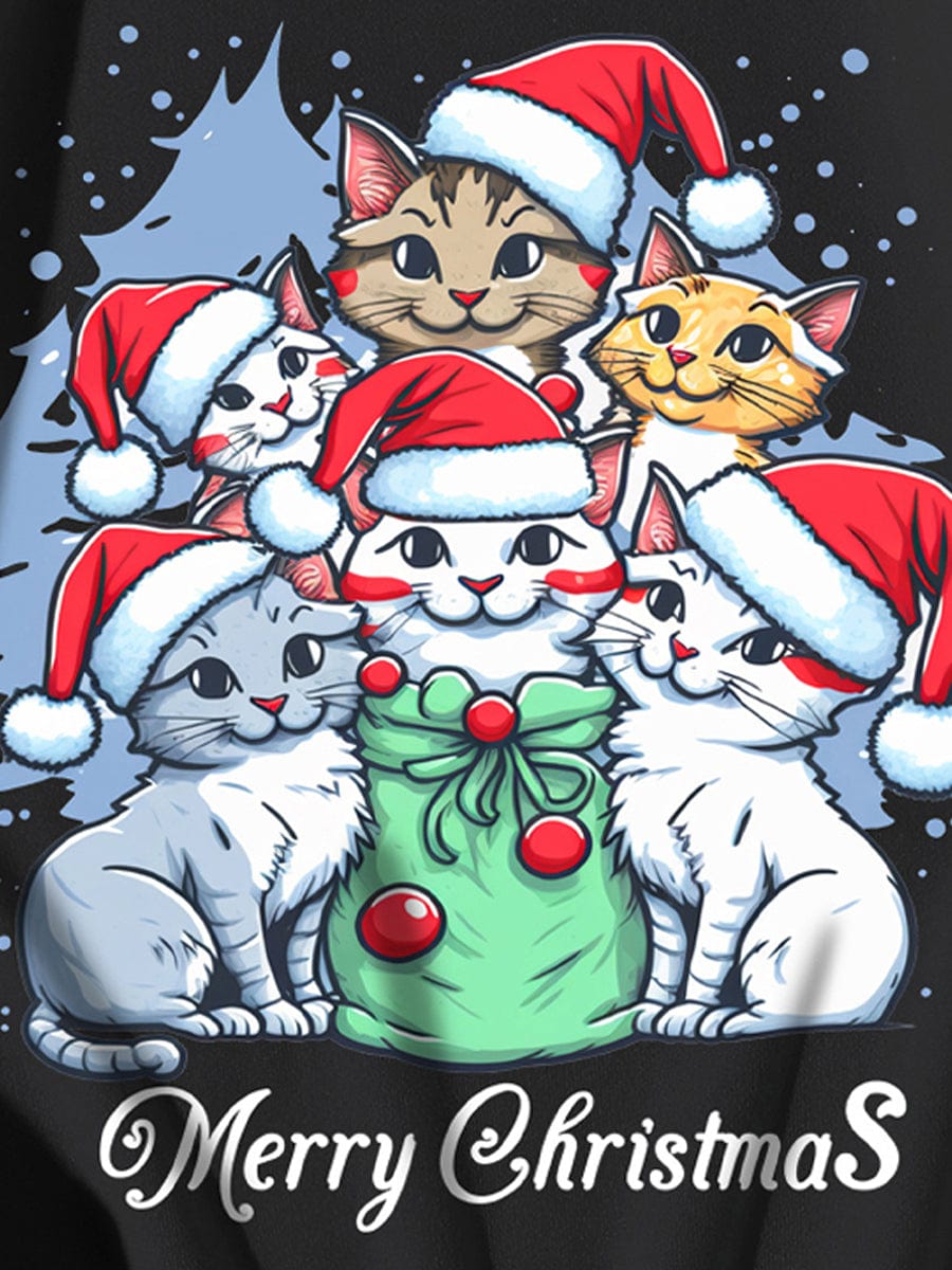 Christmas Cute Cat Print Casual Fashion Retro Winter Round Neck Long-sleeved Sweatshirt