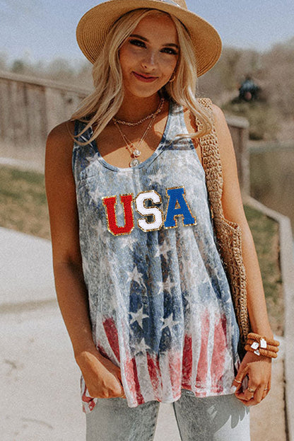 Blue USA Flag Print Loose Fit Tunic Tank Top