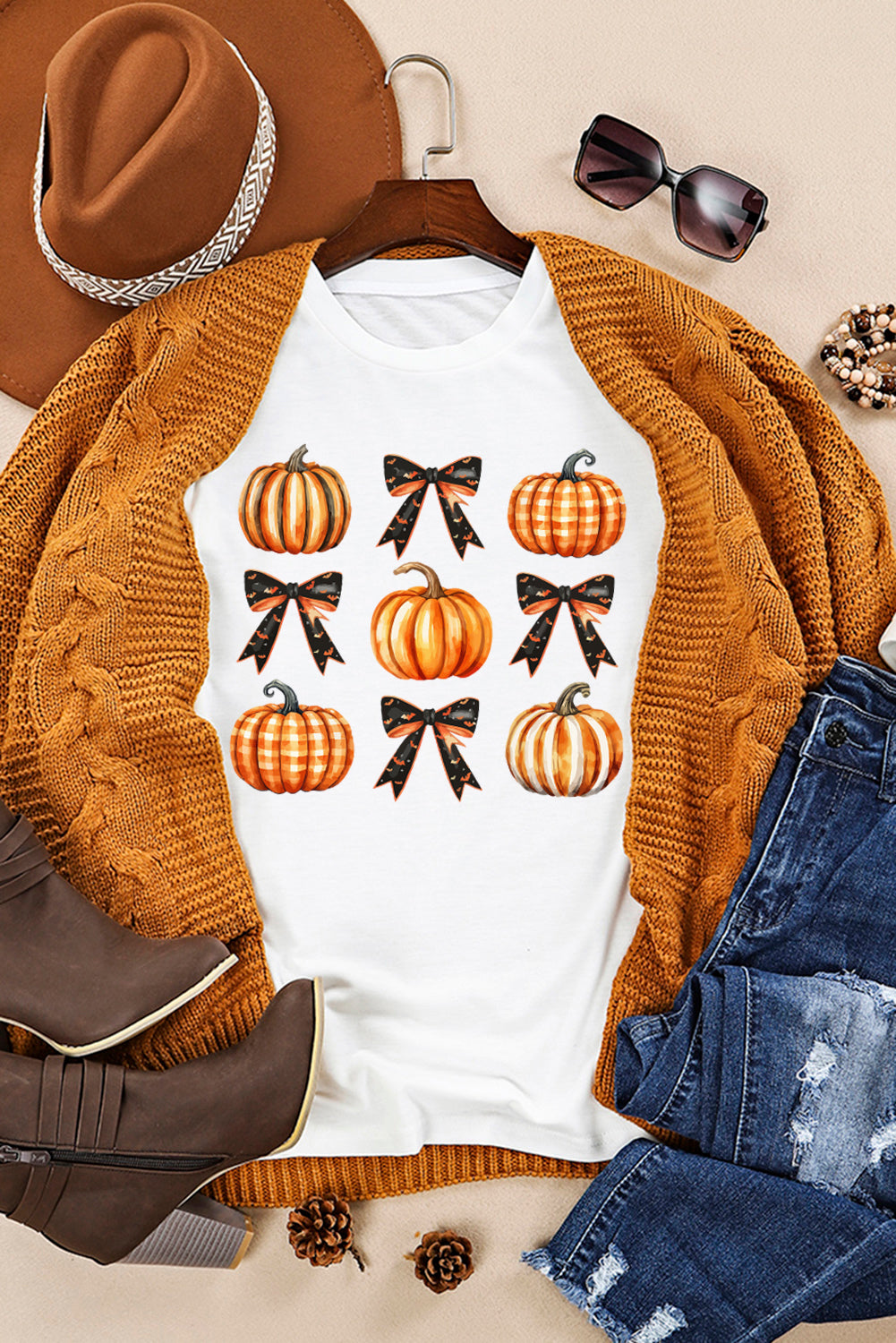 White Halloween Pumpkin Bow Knot Print Crew Neck Tee