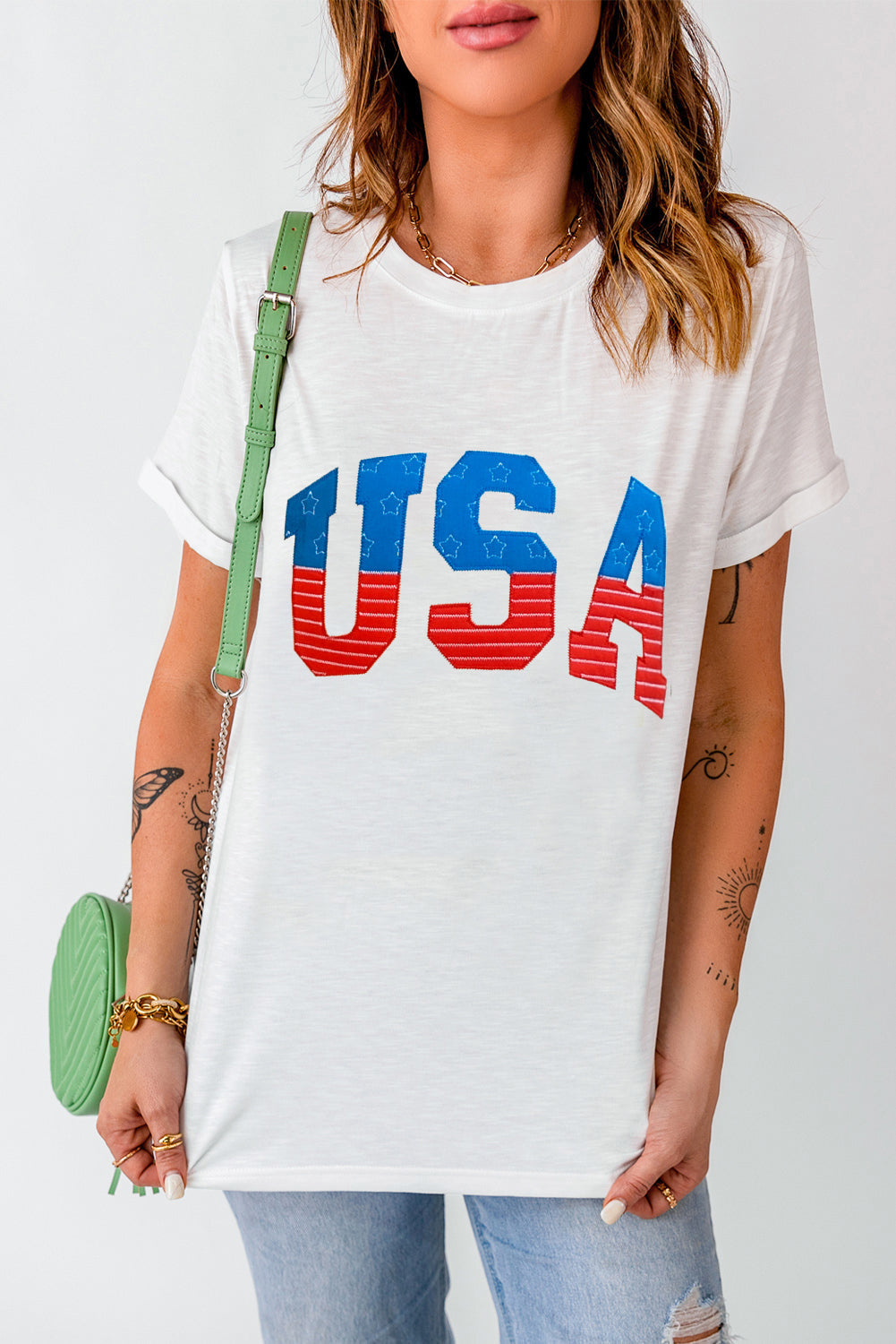 White USA Star and Striped Embroidered Crewneck T-Shirts