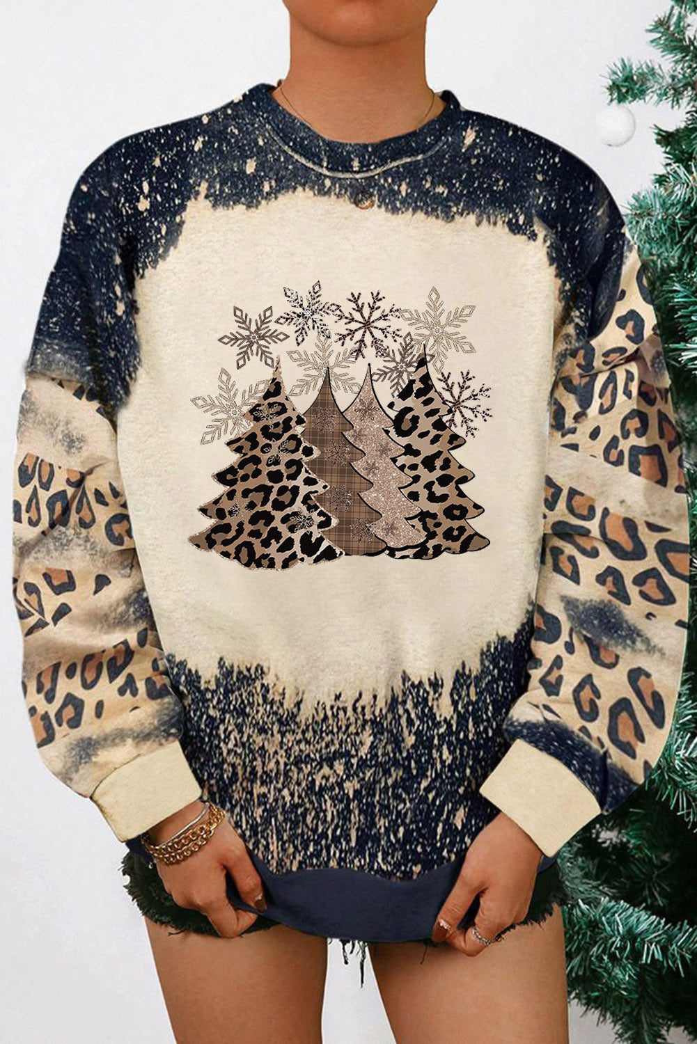 Black Christmas Tree Leopard Color Block Pullover Sweatshirt