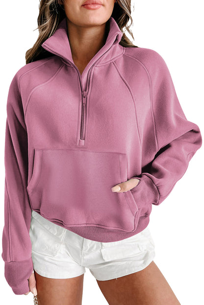 Phalaenopsis Fleece Lined Zip Up Stand Collar Thumbhole Sleeve Sweatshirt