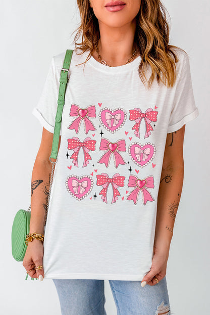 White Sweet Bow Heart Shaped Print Crew Neck Casual Tee