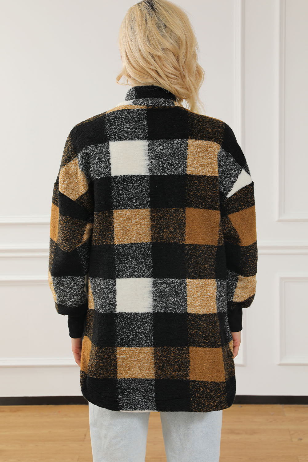 Black Zipper Side Pockets Plaid Overcoat