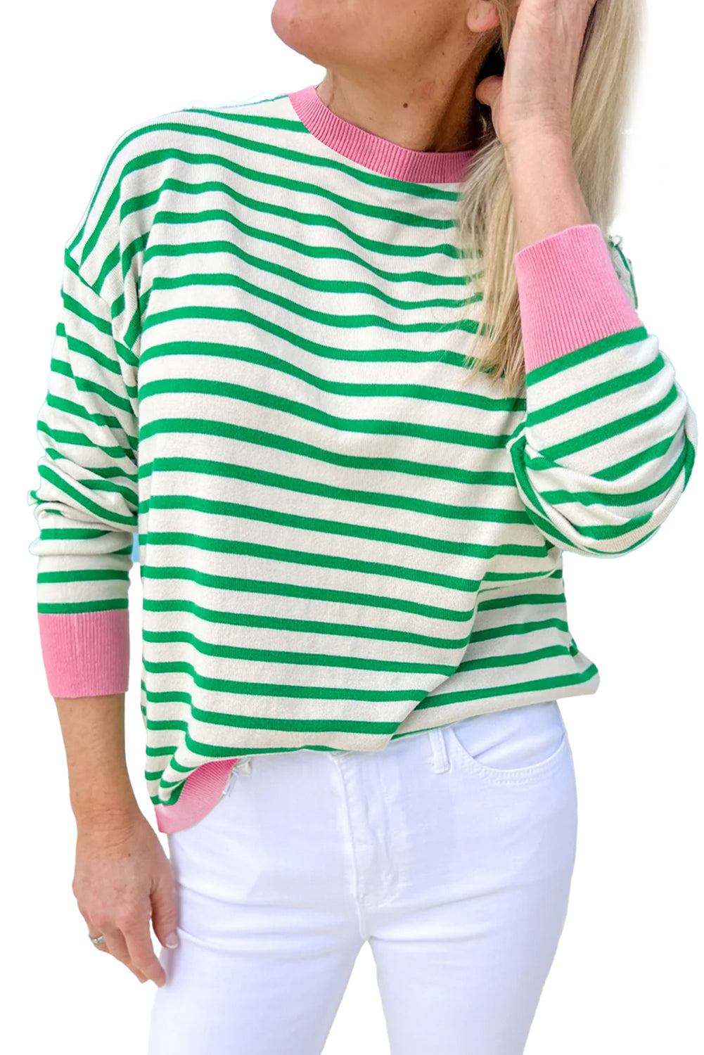 Bright Green Striped Contrast Edge Long Sleeve Top