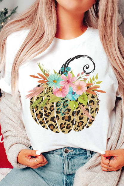 White Floral Leopard Pumpkin Graphic Halloween T Shirt