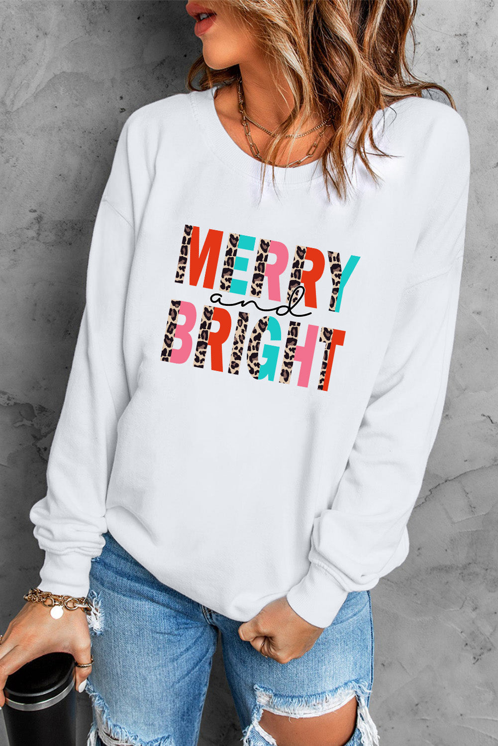 White MERRY and BRIGHT Leopard Print Pullover Sweatshirt