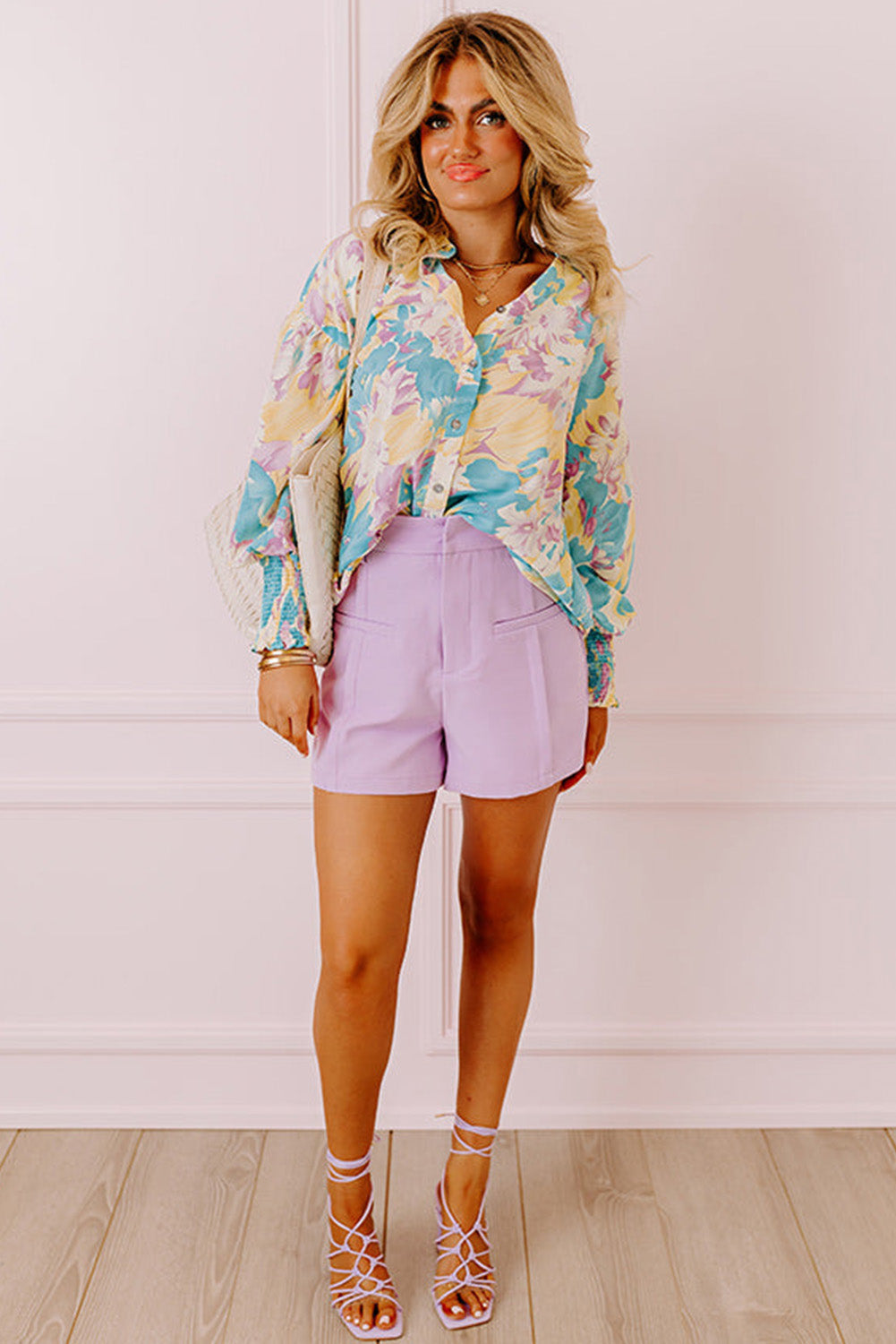 Yellow Floral Allover Print Shirred Cuff Oversized Shirt