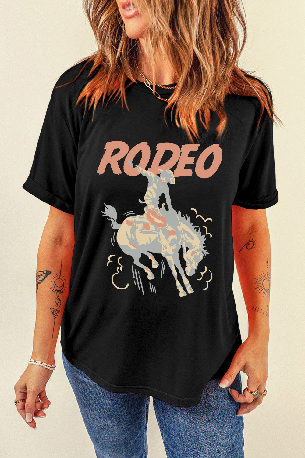 Black RODEO Cowboy Graphic Crewneck T Shirt