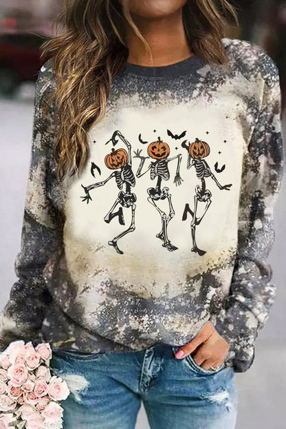 Multicolor Dancing Skeleton Halloween Tie Dye Long Sleeve Top