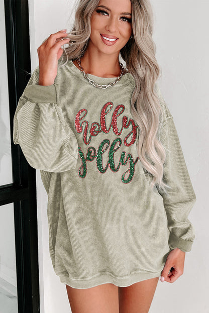 Green Sequined holly jolly Graphic Corded Sweatshirt