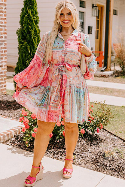 Pink Patchwork Print Bubble Sleeves Belted Plus Size Dress