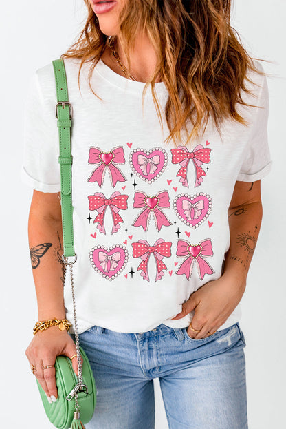 White Sweet Bow Heart Shaped Print Crew Neck Casual Tee