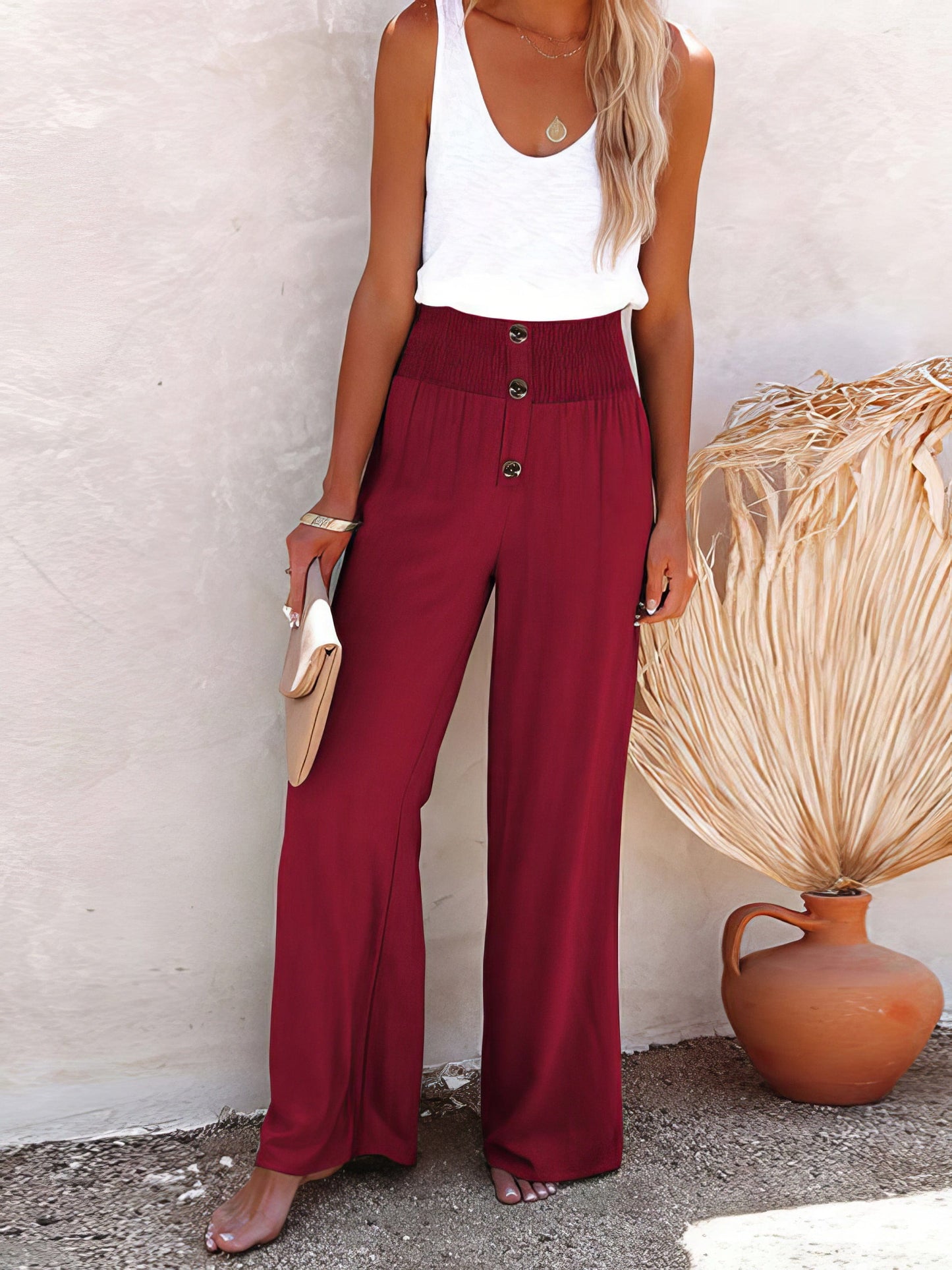 Elastic Loose Wide Leg Button Pants