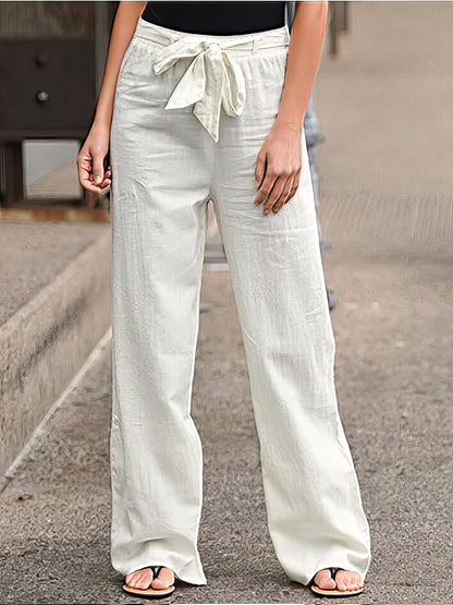Pants - Elastic Waist Solid Color Cotton And Linen Wide-leg Loose Pants - MsDressly