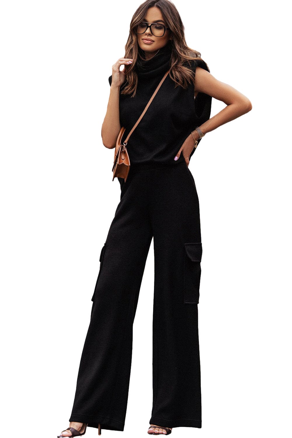 Elegant Black High Neck Sleeveless Vest and Cargo Pants Set