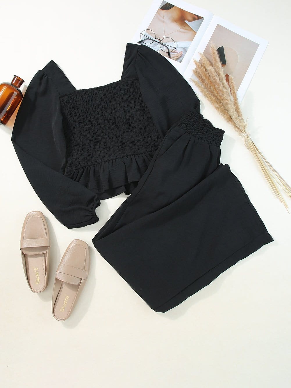 Elegant Black Square Neck Peplum Top and Wide Leg Pants Ensemble