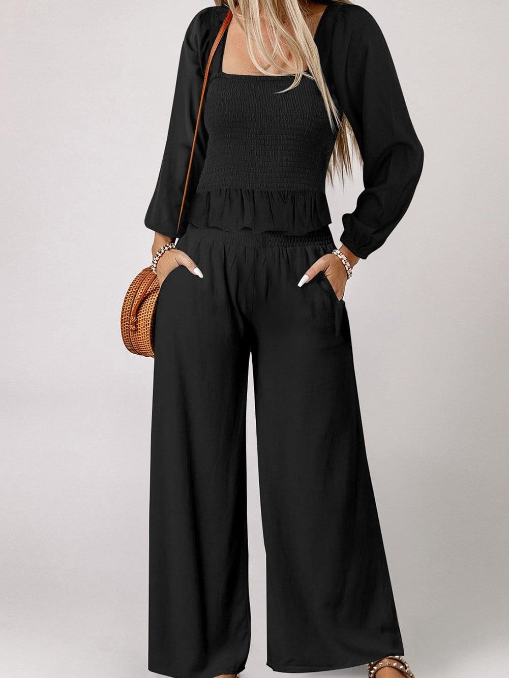 Elegant Black Square Neck Peplum Top and Wide Leg Pants Ensemble