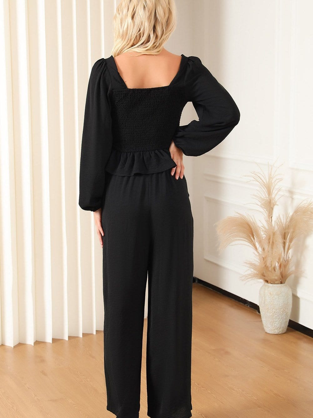 Elegant Black Square Neck Peplum Top and Wide Leg Pants Ensemble