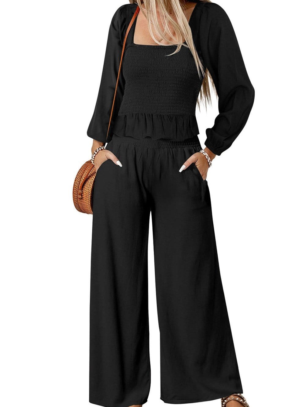 Elegant Black Square Neck Peplum Top and Wide Leg Pants Ensemble