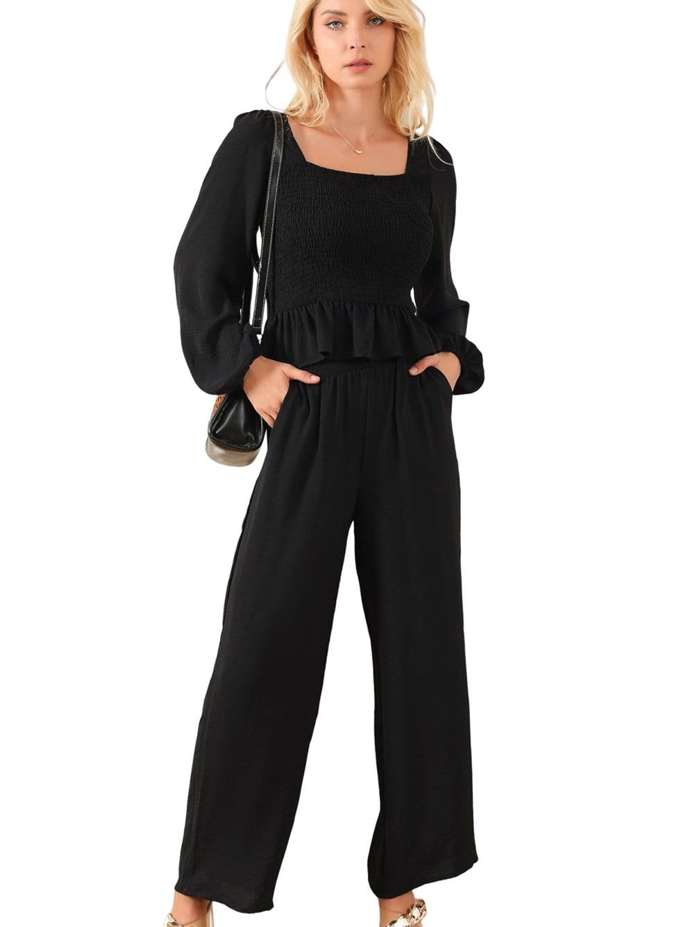 Elegant Black Square Neck Peplum Top and Wide Leg Pants Ensemble