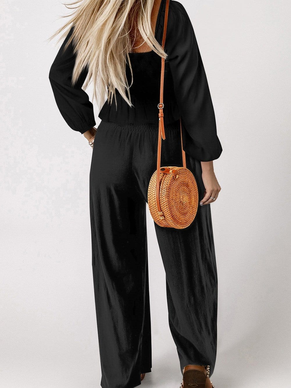 Elegant Black Square Neck Peplum Top and Wide Leg Pants Ensemble