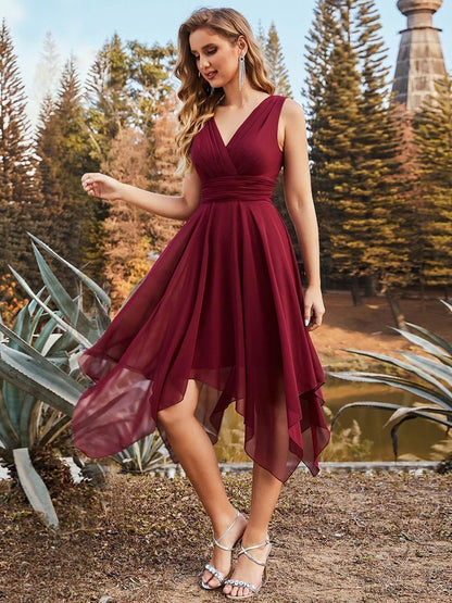 Elegant Chiffon Bridesmaid Dress with Asymmetrical Hem and Pleated Detail