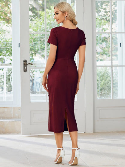 Elegant Deep V Neck Short Sleeve Cocktail Dress with Waist Belt