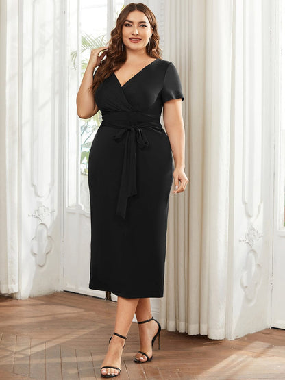 Elegant Deep V Neck Short Sleeve Cocktail Dress with Waist Belt