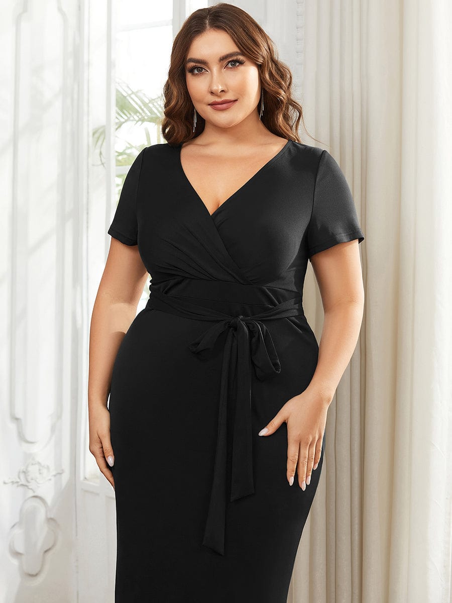 Elegant Deep V Neck Short Sleeve Cocktail Dress with Waist Belt