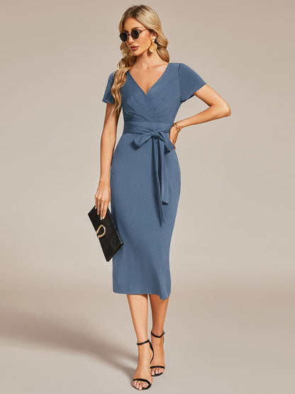 Elegant Deep V Neck Short Sleeve Cocktail Dress with Waist Belt