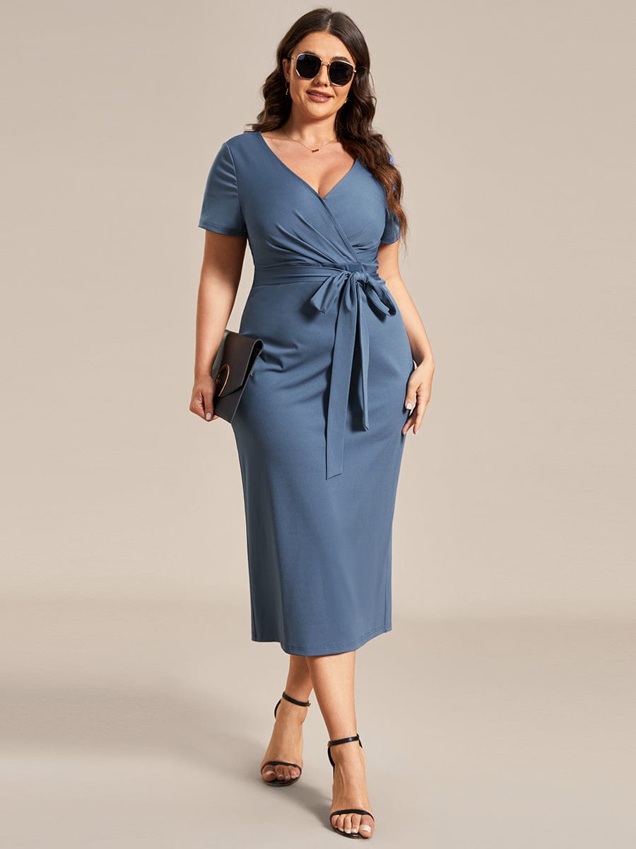 Elegant Deep V Neck Short Sleeve Cocktail Dress with Waist Belt