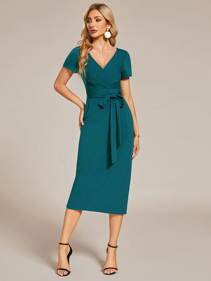 Elegant Deep V Neck Short Sleeve Cocktail Dress with Waist Belt