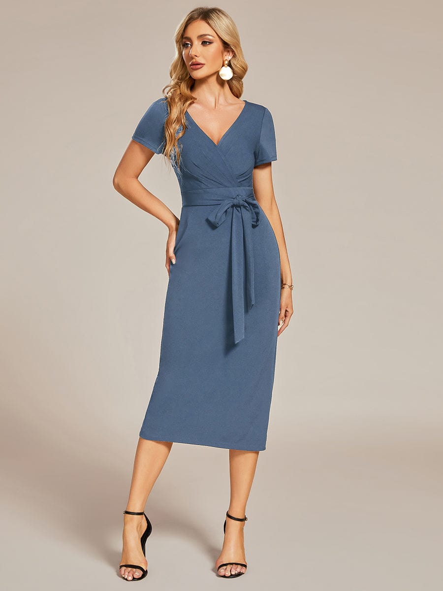 Elegant Deep V Neck Short Sleeve Cocktail Dress with Waist Belt