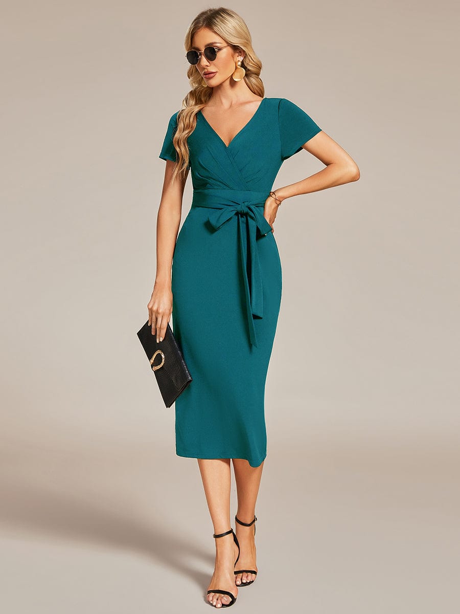 Elegant Deep V Neck Short Sleeve Cocktail Dress with Waist Belt