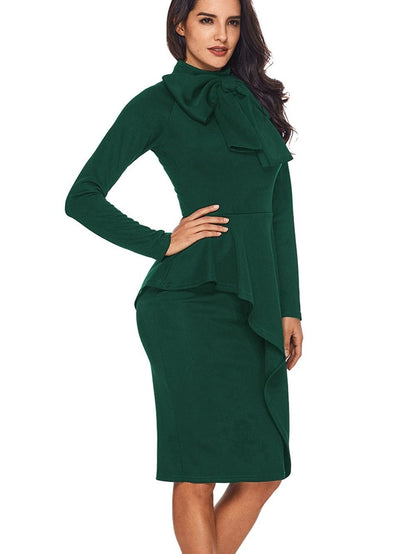 Elegant Emerald and Sapphire Peplum Dress with Bow Detail