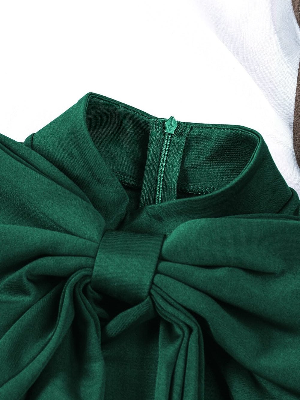 Elegant Emerald and Sapphire Peplum Dress with Bow Detail